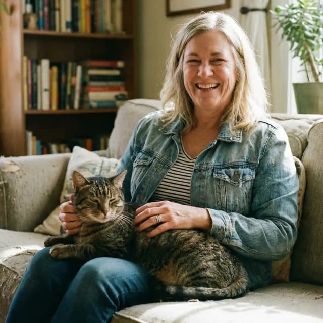 A happy cat owner relaxing on the couch with her healthy, contented tabby cat